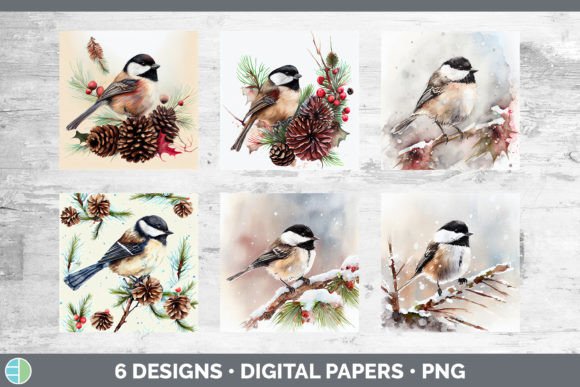 Christmas Chickadee Backgrounds Digita: Festive Illustrations