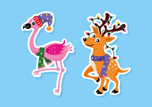 Christmas Flamingo Deer Stiker Clipart: Unique Illustrations
