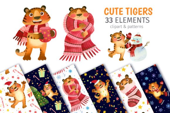 Christmas Tigers PNG Clipart Patterns & Illustrations Review