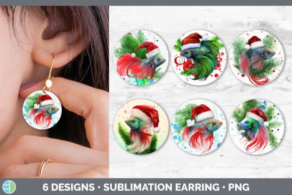 Santa Beta Fish Christmas Round Earring Illustrations Review